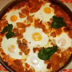 Eggplant Moussaka with Meat and Eggs Sunny Side Up