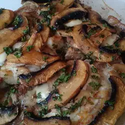 Pork Steaks with Mushrooms and Processed Cheese in Glass Cooking Tray