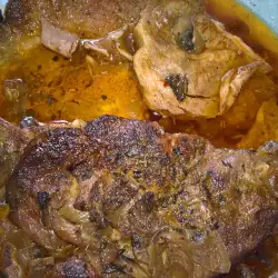 Pork Neck Steaks with Mushrooms in Glass Cook Pot