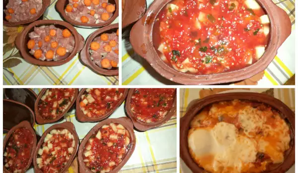 Earthenware Dishes with Meat, Potatoes and Tomatoes