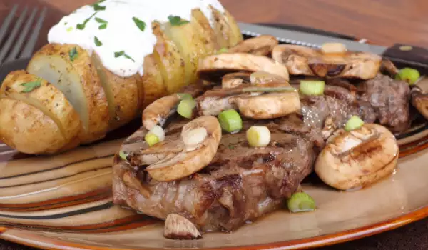 Steak with Mushrooms and Potatoes in the Oven