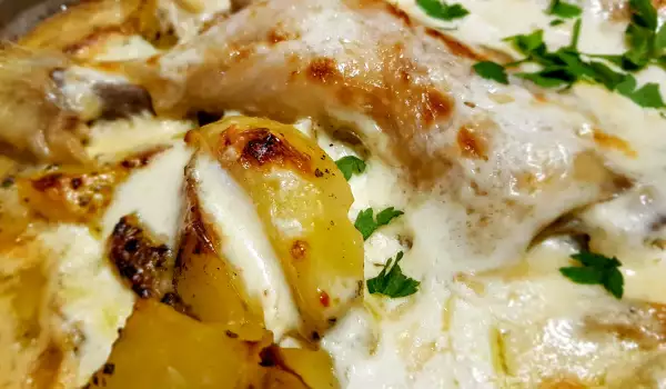 Chicken with Cream and Potatoes in a Glass Cook Pot